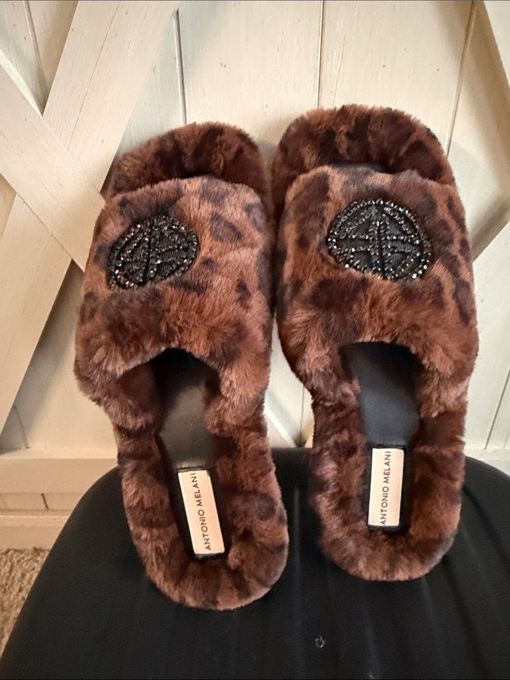 ANTONIO MELANI Brown Leopard Faux-Fur Open-Toe Slide Slippers
